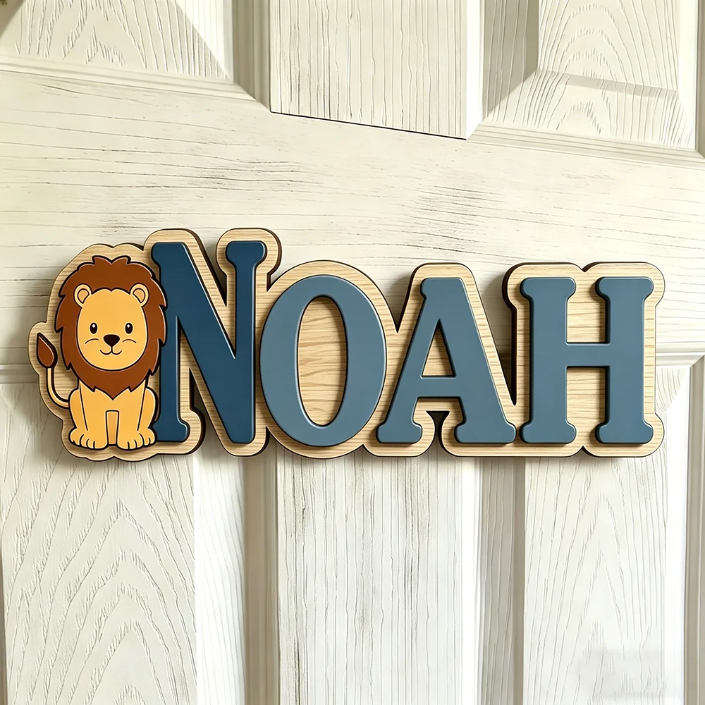 Custom Lion Kids Name Sign for The Dearest Baby, Cute Safari Themed Wooden Nursery Door Plaque