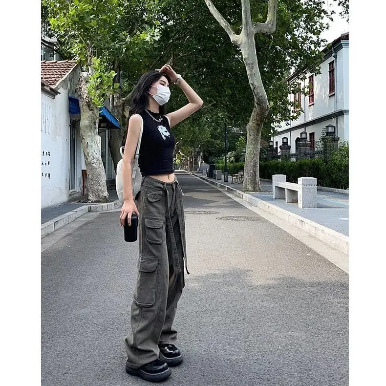 American Style Spicy Girl Denim Work Pants Women Look Slim and Tall Street Design Sense Straight Tube Tall Student Floor Pants