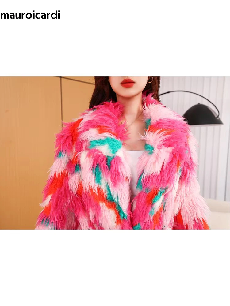 Mauroicardi Winter Luxury Oversized Extra Long Colorful Multicolored Thick Warm Fluffy Shaggy Hairy Faux Fur Coat Women Sashes