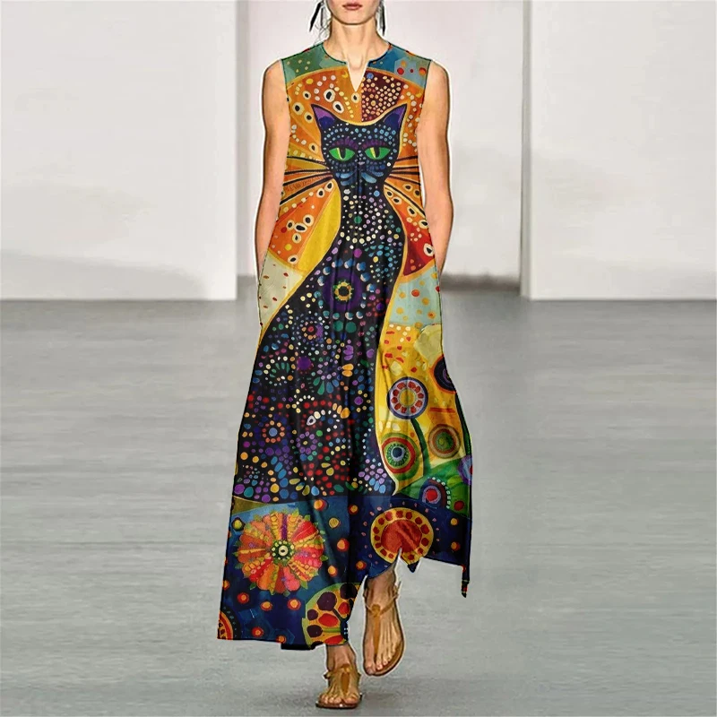 Elegant Abstract Hand-Painted Cat Printed Maxi Dresses Sexy Women's V-neck Tank Top Dress 2024 Elegant Loose A-line Party Dress