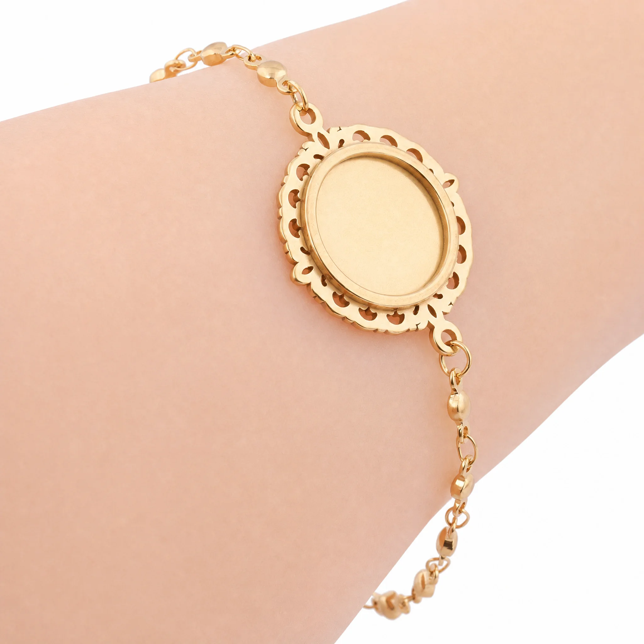 2 Stück Edelstahl vergoldete Kugelketten-Filigran-Armbandrohlinge passend für 15mm runde Cabochon-Armbänder Fassungen DIY