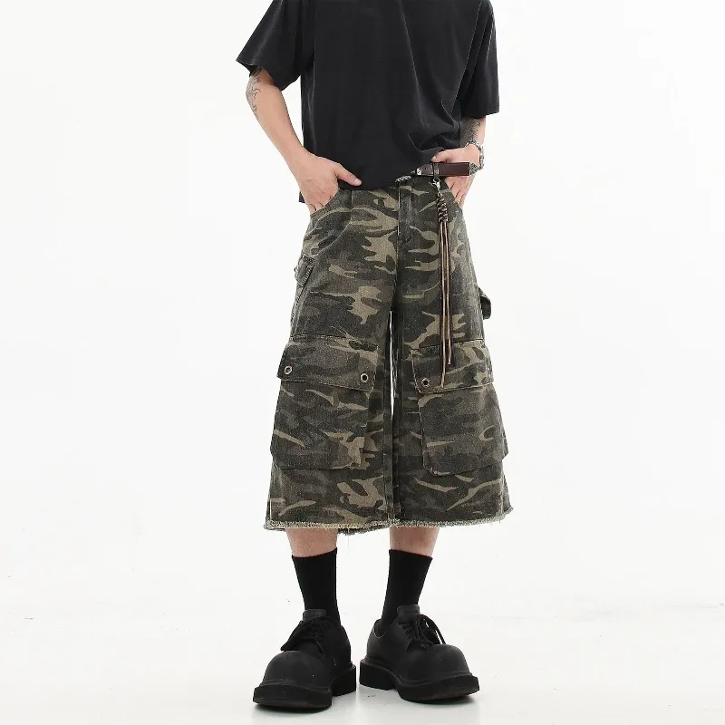 Men Camo Cargo Capri Jeans 2026 Summer Multi Pocket Raw Hem Wide Leg Cropped Denim Pants Streetwear Loose Functional Trousers