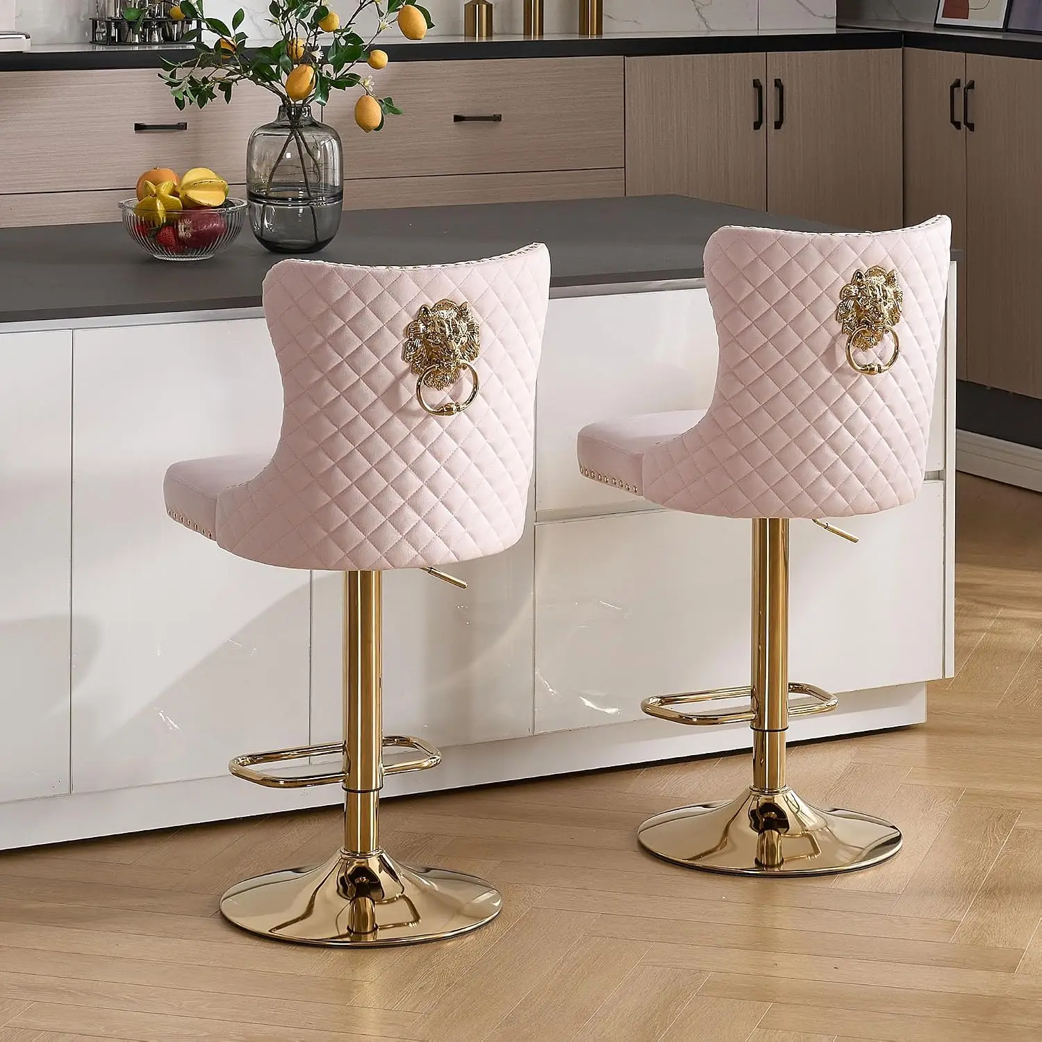Velvet Bar Stools Set of 2 with Lion Pull Ring, Swivel Tufted High Back Adjustable Chairs for Kitchen Island Cafe, Gold Pink, Cu