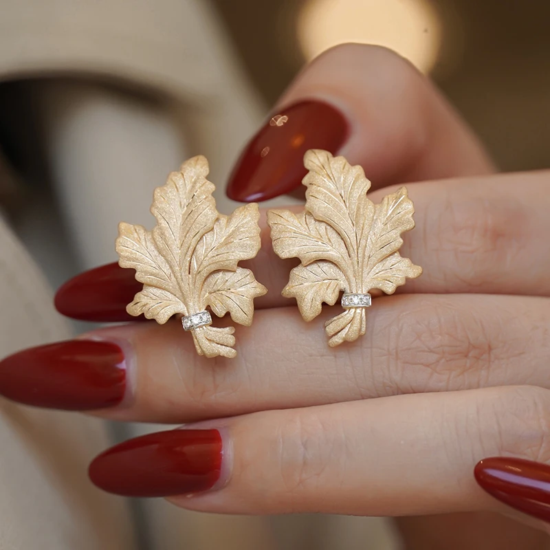 Aazuo Real Vintage Jewelry 18K Solid Yellow Gold Real Diamonds Fairy Leaf Clip Earrings Women's Engagement Party Jewelry Gift view 4