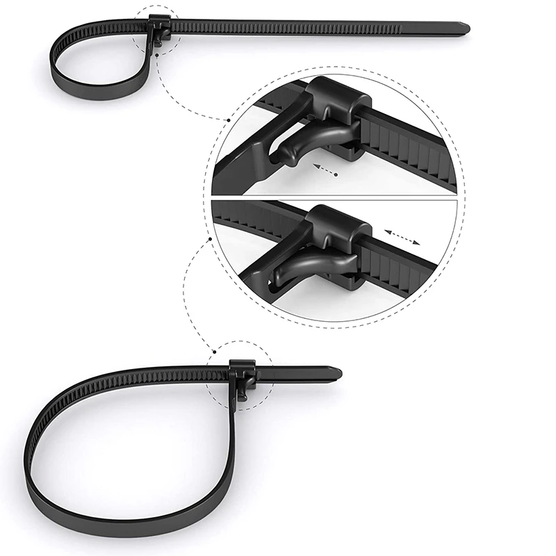 VO-100개 라이브 버클 재사용 가능한 나일론 케이블 타이 블랙 7.4mm X 250mm