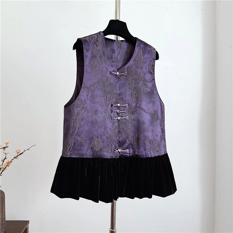 

Модный жилет в китайском стиле с жаккардовым узором, лоскутным шитьем, бархатным многослойным подолом, без рукавов, фиолетовый, ретро, на каждый день