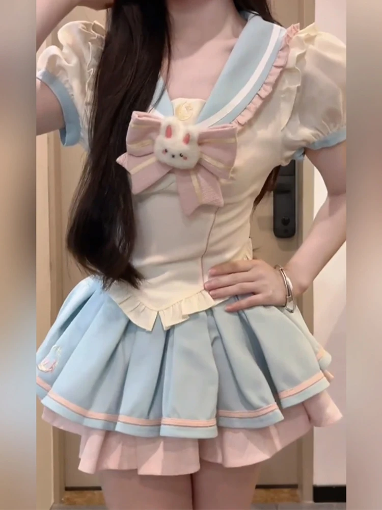 

Комплект: топ с воротником-куклой и узлом, пышная юбка с высокой талией, летний, в стиле Pure Desire, большие размеры, милый дизайн