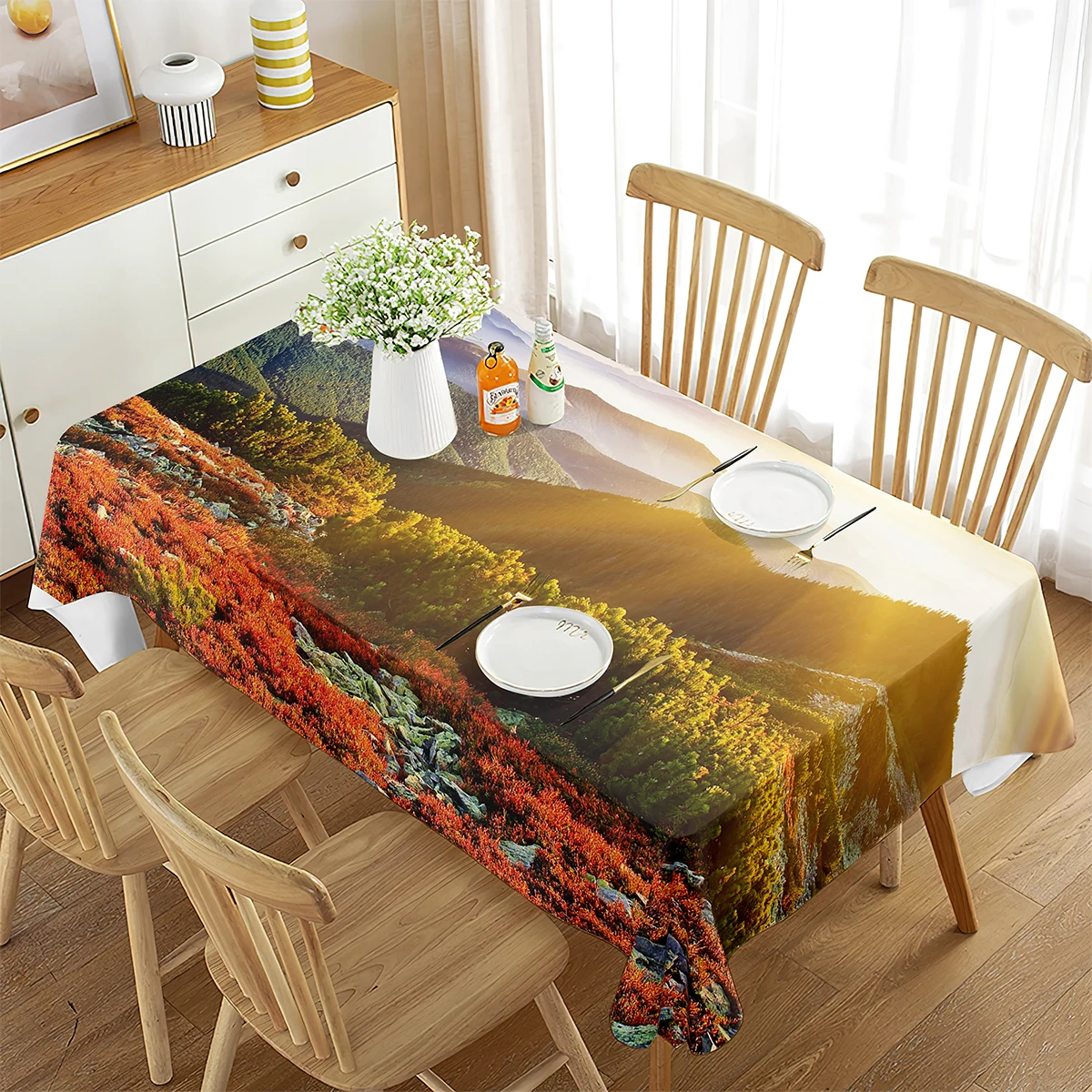 Nature Tablecloth, Pastoral Landscape in Alps with Meadow and Flowers Northern German Heaven Print, Rectangular Table Cover
