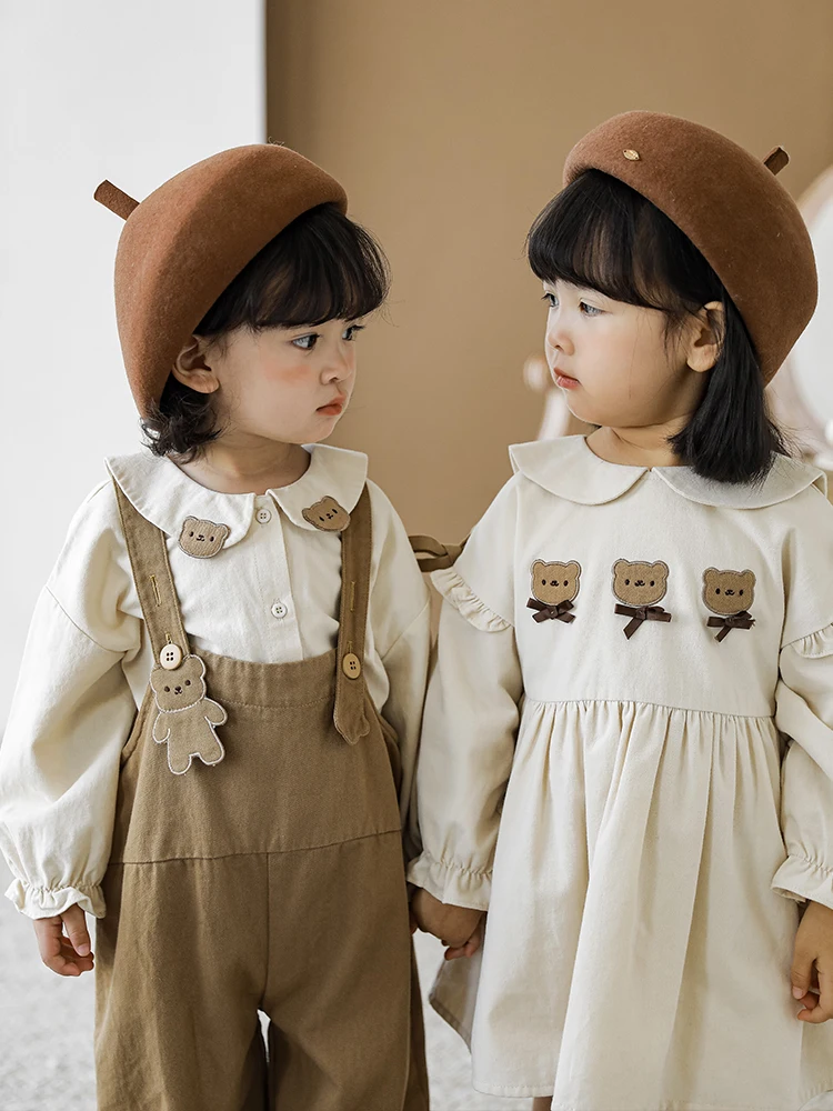 Girls Bear Autumn Dress Cute Cartoon Embroidered Baby Children Long Sleeve Shirt Fashion Overalls