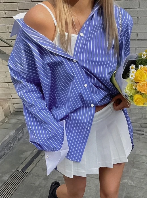 French Versatile Light Luxury Cotton Striped Collar Long Sleeved Shirt with Loose Contrasting Color Casual Cardigan Shirt Women