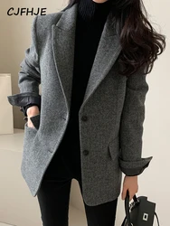 CJFHJE Gray Wool Blazer Women Autumn Winter Single-Breasted Pockets Office Wear Notched Collar Thick Blazers Elegant Lady Jacket