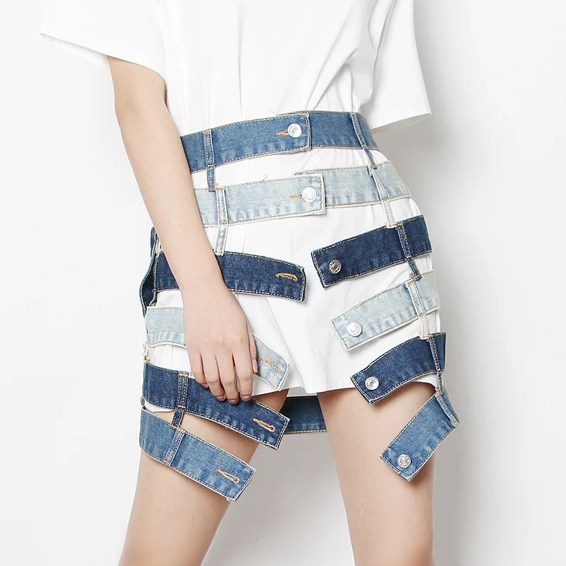 

A-shaped skirt personalized street high waist contrasting color hollow design skirt fashionable simple luxury temperament elegan