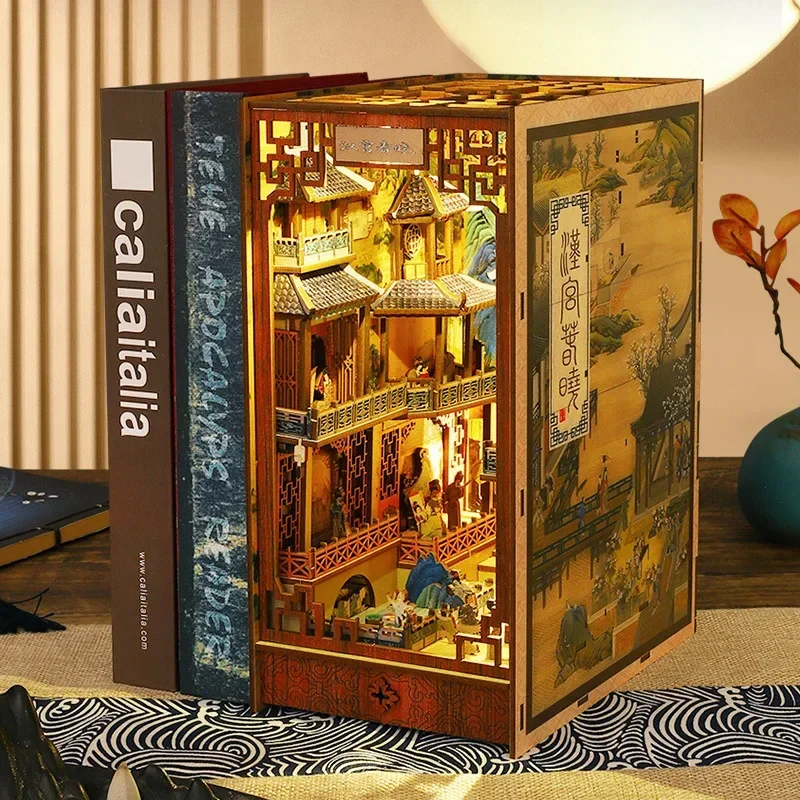 NEW DIY Wooden Book Nook Shelf Insert Miniature Building Kits, Bookshelf Chinese Ancient Town Bookends Handmade Crafts Gifts