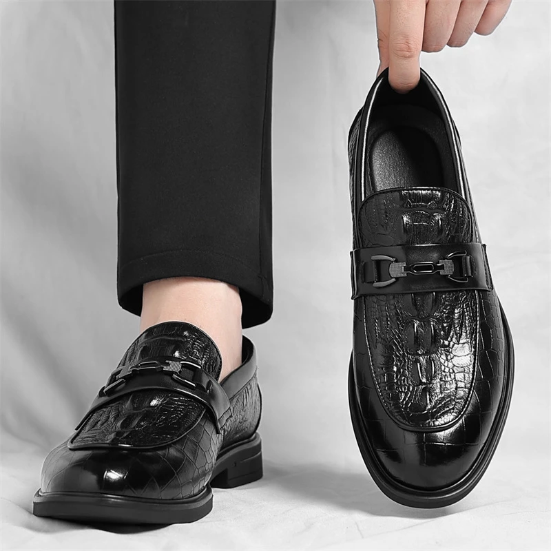 

Mens Black Crocodile Embossed Leather Loafers With Metal Horsebit Buckle Thick Sole Formal Business Wedding Party Dress Shoes