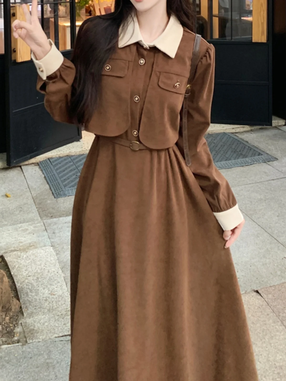 

Ele Long Sve Faux Two-Piece Dr Autumn Winter Slimming Long Dr Hepburn Little Bla Dr French Sle Collar