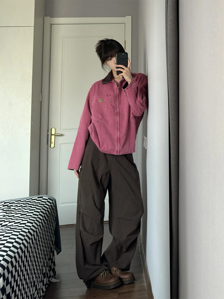 Veste en jean rose décontractée pour femme, style rétro, coupe ample, col boutonné, vêtement d'extérieur