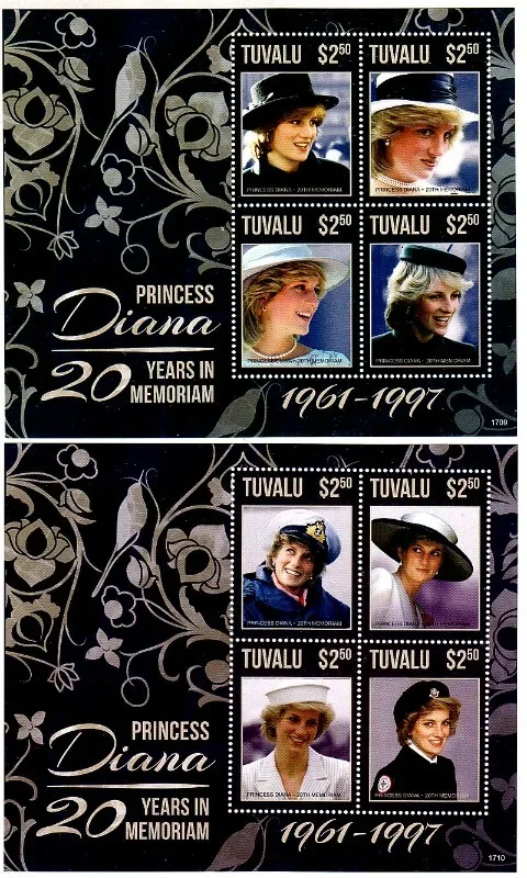 2 PCS, Tuvalu, 2017, 20th Anniversary for Princess Diana, Real Original Post Stamp, MNH