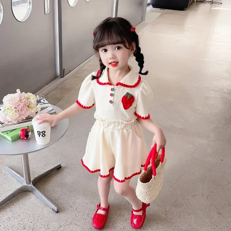 Girls Strawberry Turn-down Collar Casual Set 2025 Summer New Baby Girl Stylish Shorts Two Piece Set