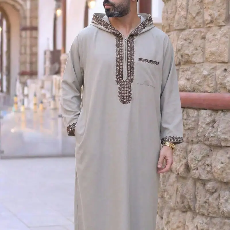Hooded Muslim Men Embroidery Costume Loose Pocket Traditional Islamic Men's Clothing Kaftan Festival Long Arabic Ethnic Robe