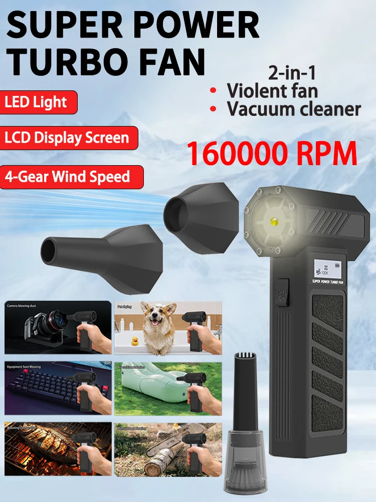 Turbo Fan 160000RPM Turbo Violent Powerful Blower Multifunctional Electric Blower Fan 60 m/s Wind Speed ​​30W Fast Charging Camp