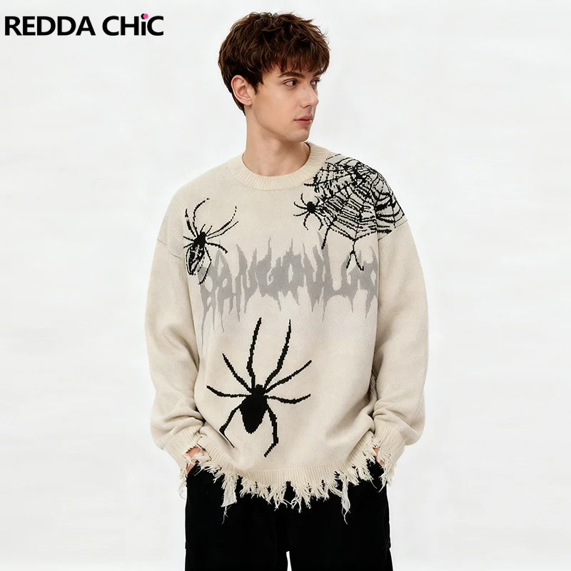 

REDDACHIC мужской джемпер с разрушенной паутиной в стиле хип-хоп, большой пуловер с длинными рукавами и круглым вырезом с необработанными краями, свитер, трикотаж больших размеров