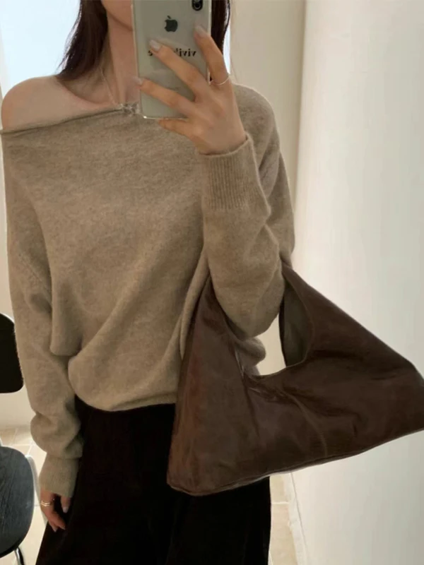 

Faionable oulder-Bared Knitwear Women's Early Autumn ular Single Item Chic One-oulder Design Pure Desire Top
