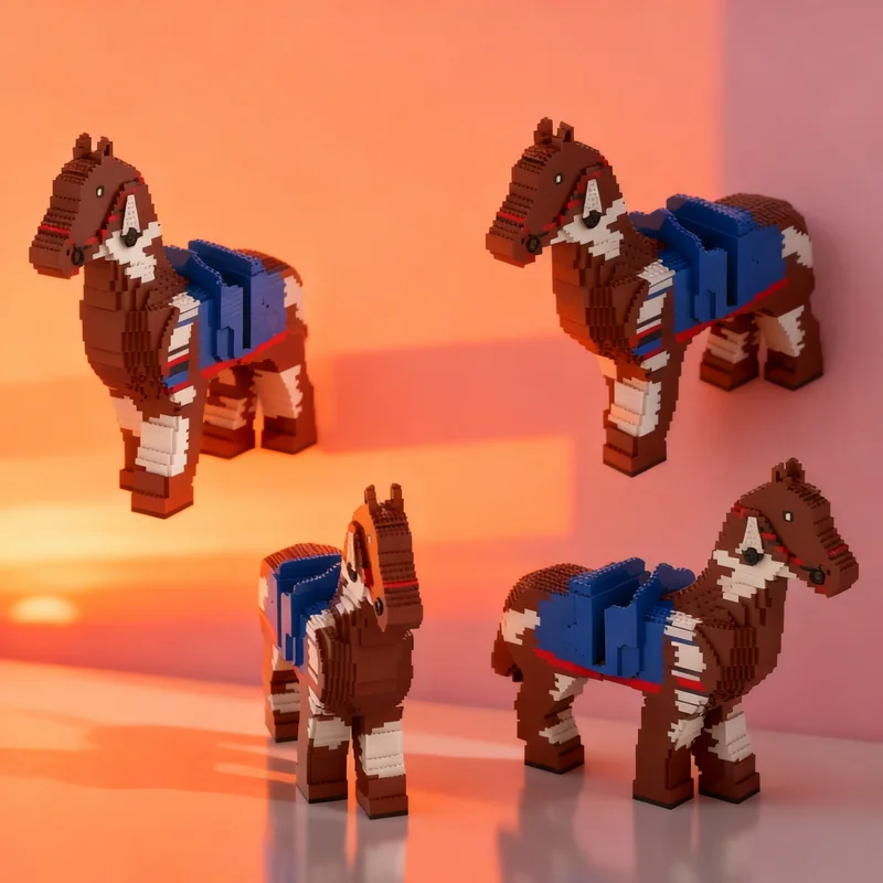 

4848 деталей MOC: Конструктор «Большая фигурка: Коричнево-белый конь с индейцами в синих ковбойских костюмах». Креативный подарок, DIY-декор для взрослых.