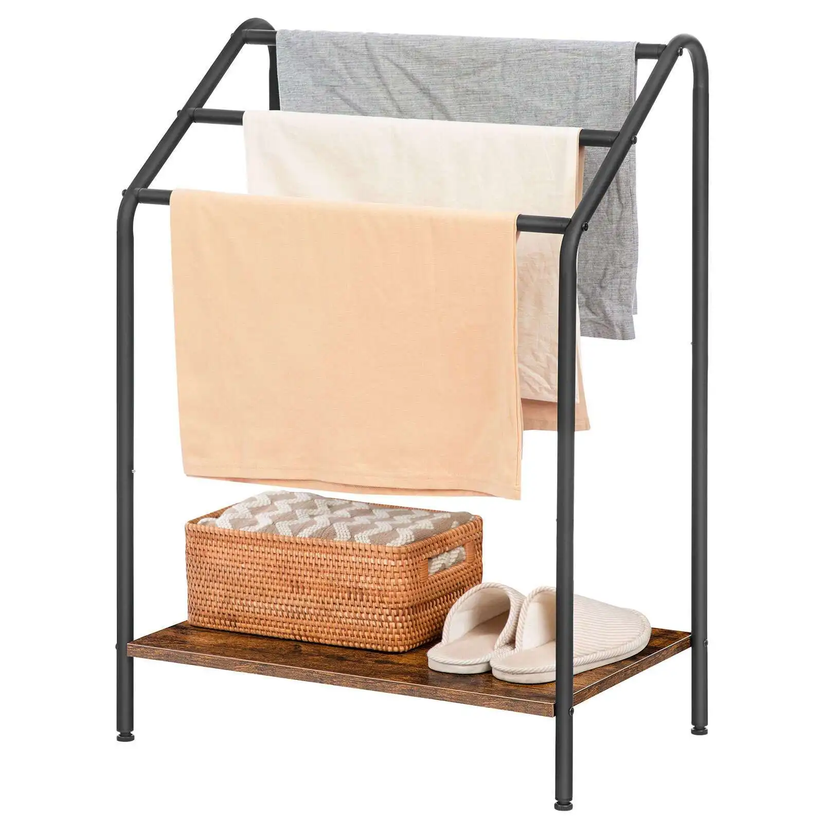 

Freestanding Towel-Rack for Bathroom, 3 Tier Blanket Rack for Living Room, 23.6" L x 14.2" W x 33.9" H, Quilt Blanket Ladder Holder, Drying and Display Rack, Rustic Brown and Black