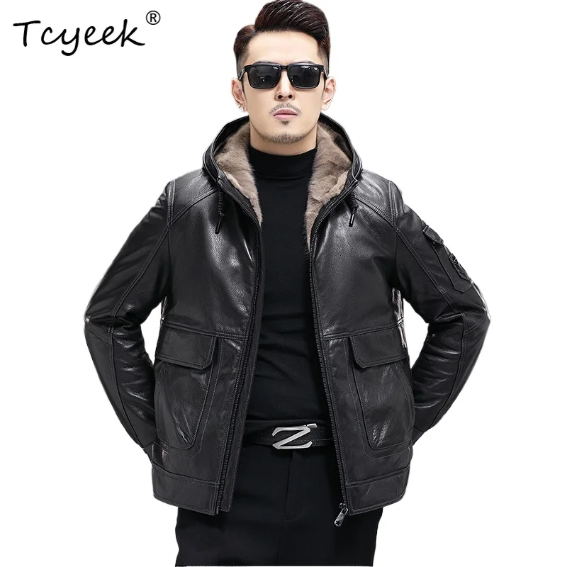 

Tcyeek Top Layer Goatskin Autumn Winter Trendy Black Inner Lining Hooded Mink Men's Genuine Leather Jacket Jaquetas Masculino