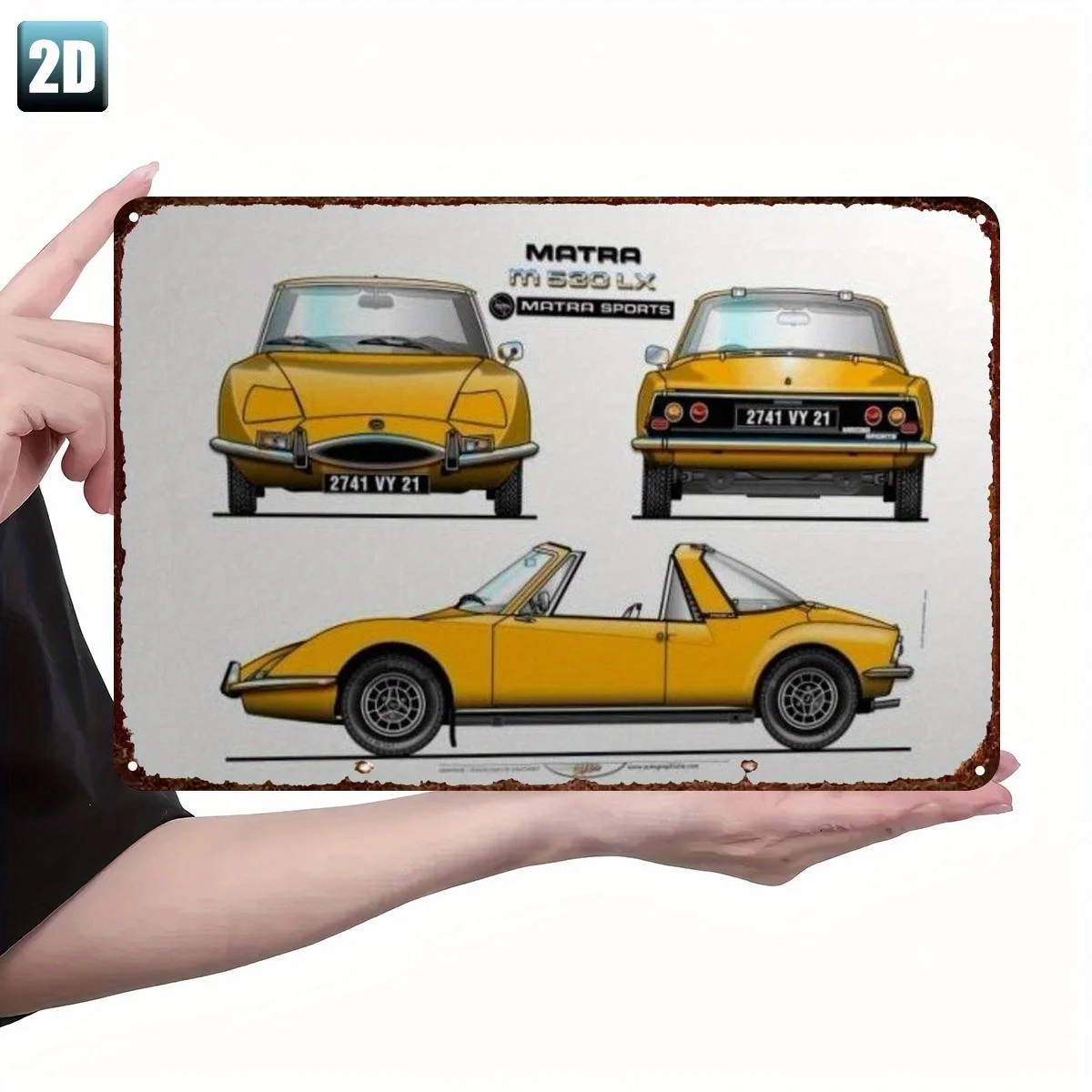 (Pintura en Lámina 2D) [Plano 2D] 1 pieza Letrero Metálico de Coche Deportivo Francés Vintage Matra M530 LX - Decoración Matra Racing con Capó Abierto, Re