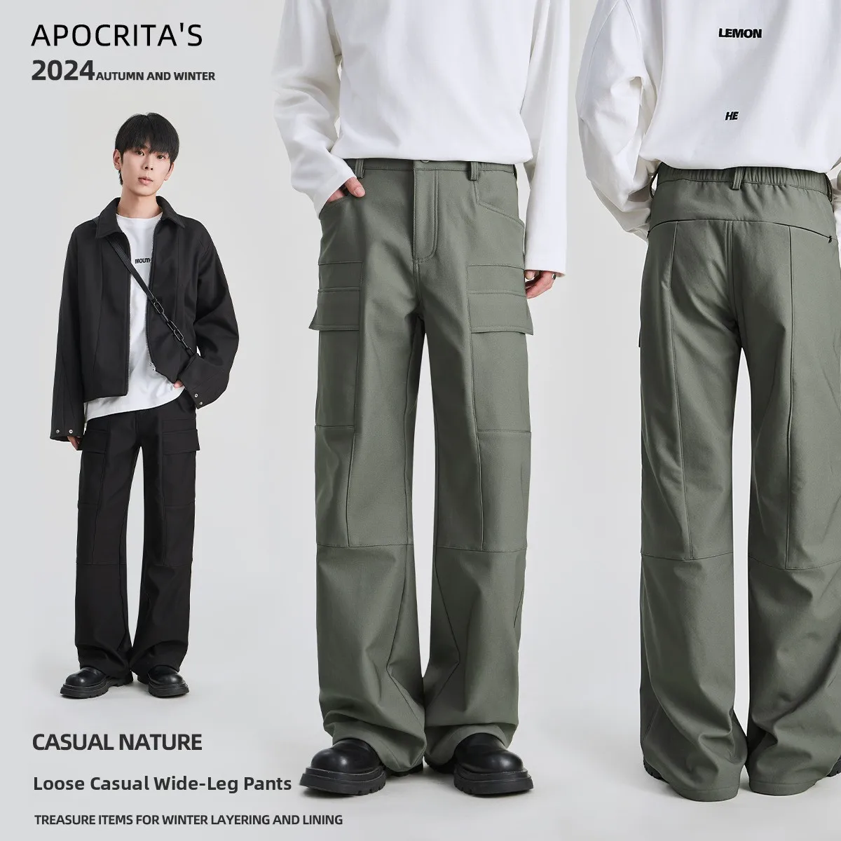 

Men's Faion Workwear Pants Thiened Fce Wide Leg Casual Long Trousers Autumn Winter Sle Urban Faion Polyester Blend