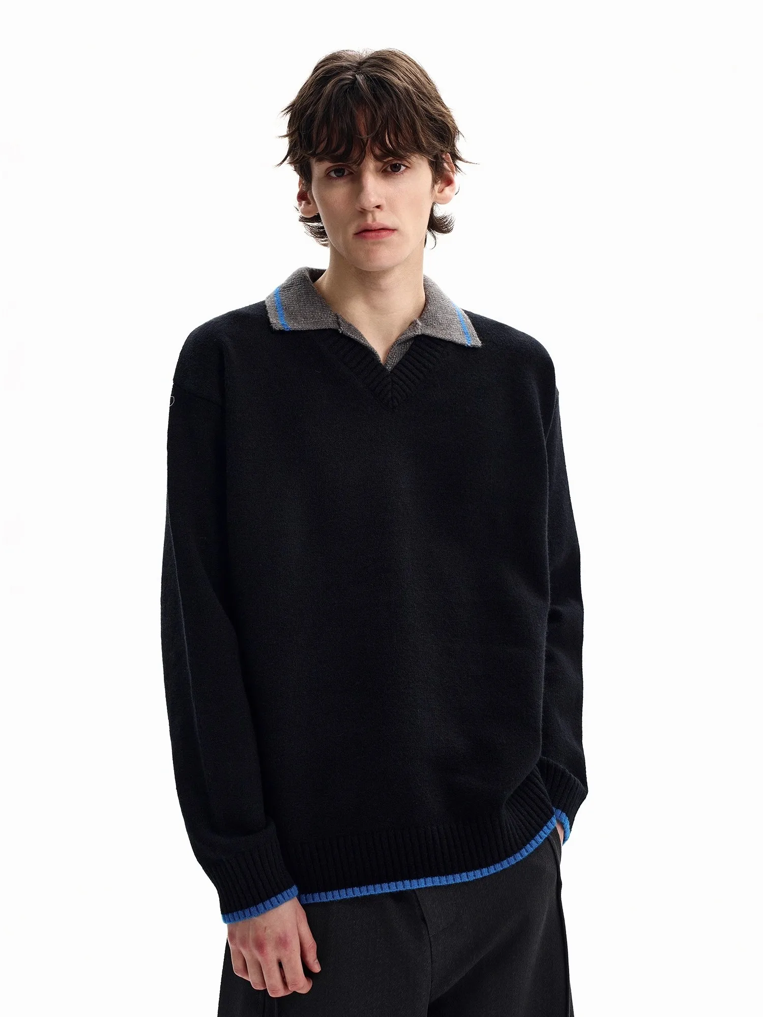 

Мужской вязаный свитер American Sle, однотонный, с воротником, свободного кроя, дышащий, длинный рукав, повседневная одежда для пар