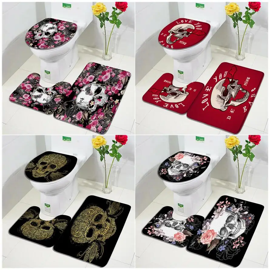 Floral Skull Bath Mat Set Watercolour Flowers Skeleton Halloween Home Bathroom Decor Flannel Carpet Floor Rugs Toilet Lid Cover