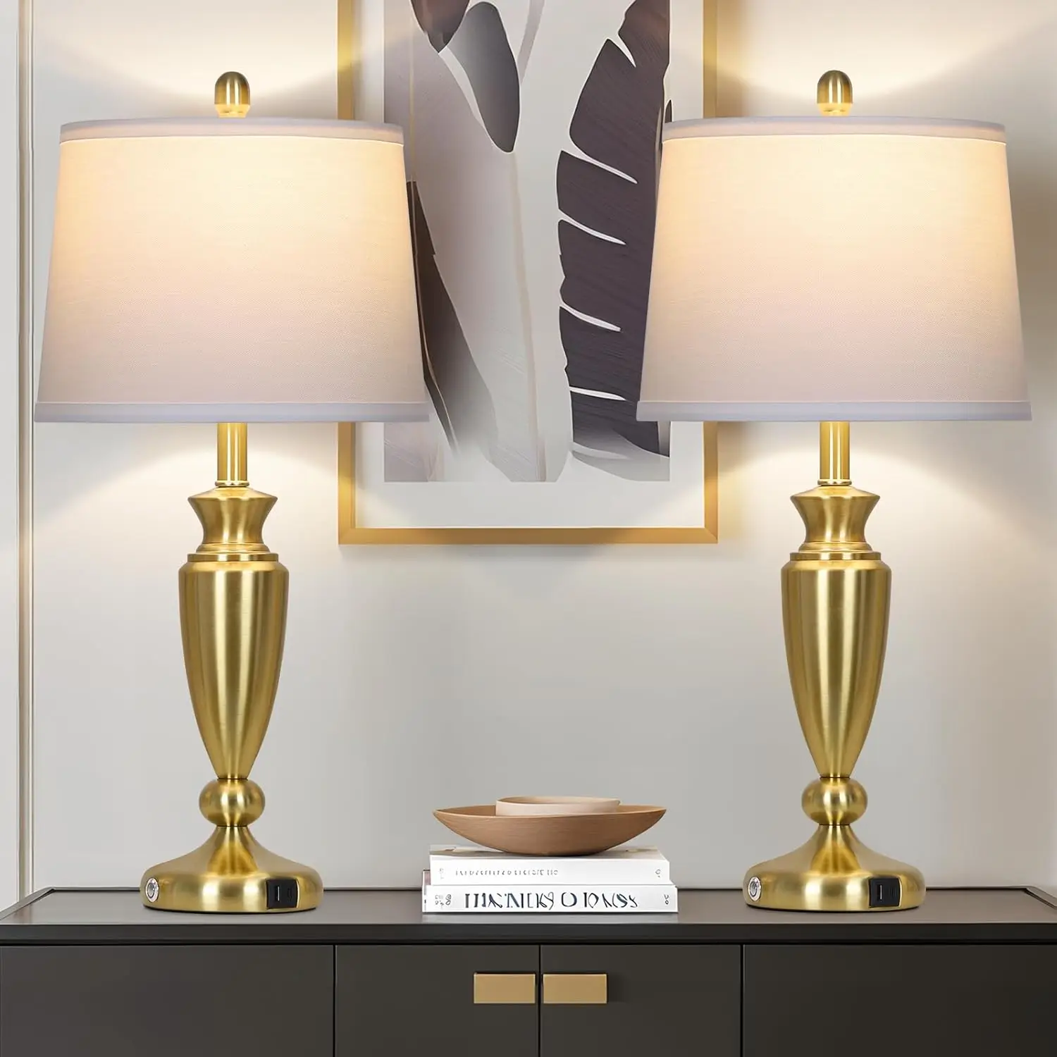 

27-дюймовые золотые настольные лампы, набор из 2 порта USB A+C, сенсорное управление, современный металлический дизайн для гостиной, спальни, офиса