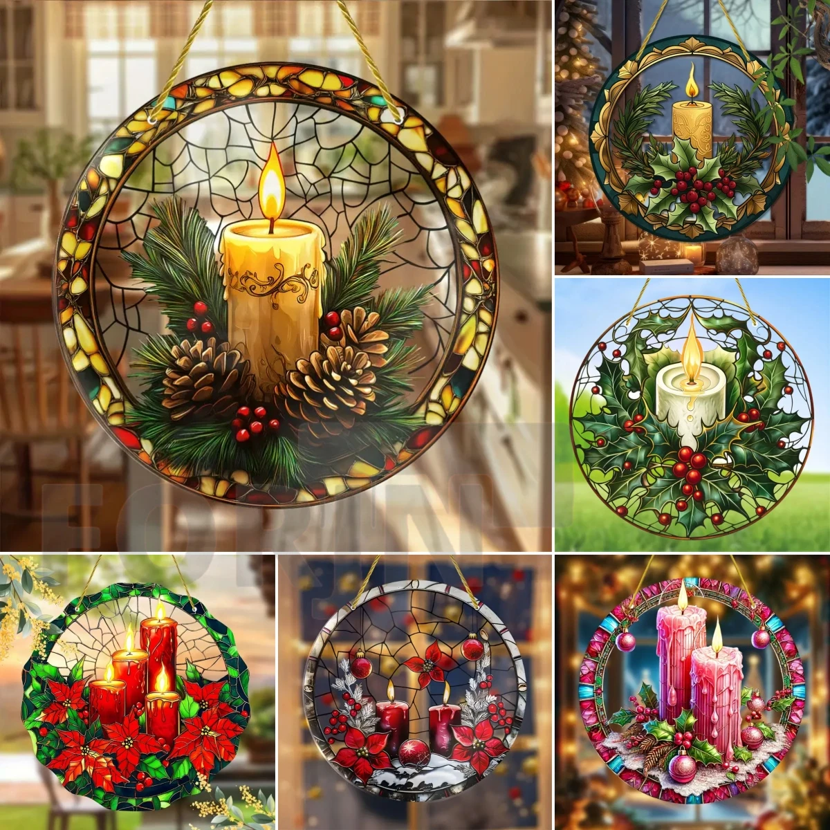 Classic Christmas Candle Acrylic Suncatcher-Round Translucent Hanging Ornament Sign-Home,Party,Bar,cafe,Room,window Decor