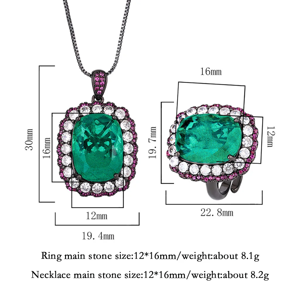 Vintage 12*16mm Lab Pink Quartz Emerald Ring Pendant Necklace for Women Gemstone Cocktail Party Wedding Fine Jewelry Sets Gifts