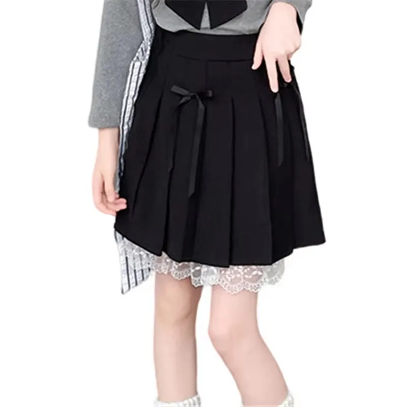 

Korean Japanese Girl Pleated Mini Skirt with White Lace Flower Kids Child Spring Autumn Knitted Preppy Black Color Lace-up Skirt