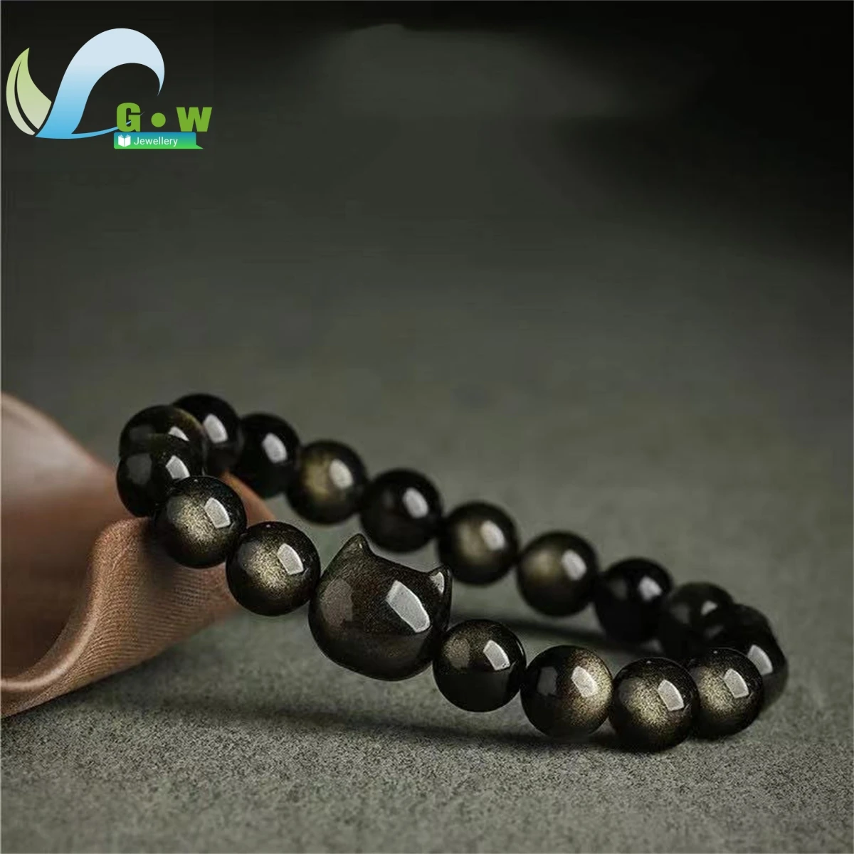 Natural Stone Gold Silver Obsidian Bracelet Cat Head Beads Hand Carved Luxury Jewelry Wealth Amulet For Men Women Gift Fashion