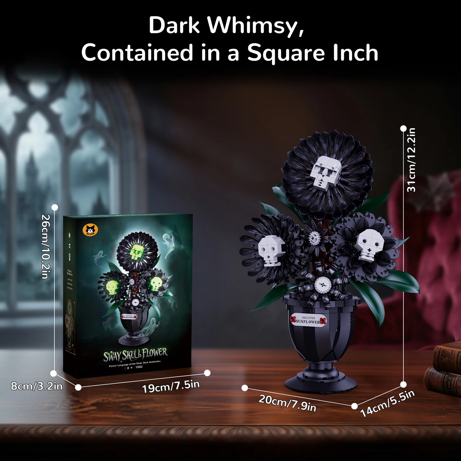 

848PCS Gothic Dark Rose Skull Bonsai Building Blocks Glow-In-The-Dark Skeleton Flower Potted Plants Desk Decor Holiday Gifts