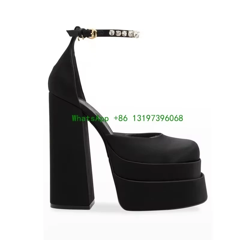 

Women's classic black high heels platform high heels platform Mary Jane shoes classic dress square toe buckle belt metal diamond