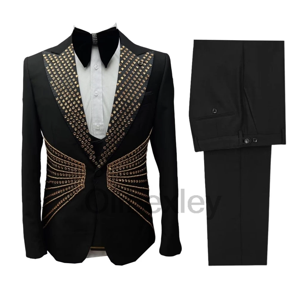 Olibexley Shiny Gold Rhinestone Black Men Suits Groom Wedding Tuxedos 2 Pcs Sets Male Party Blazers Ropa Hombre Customized S468