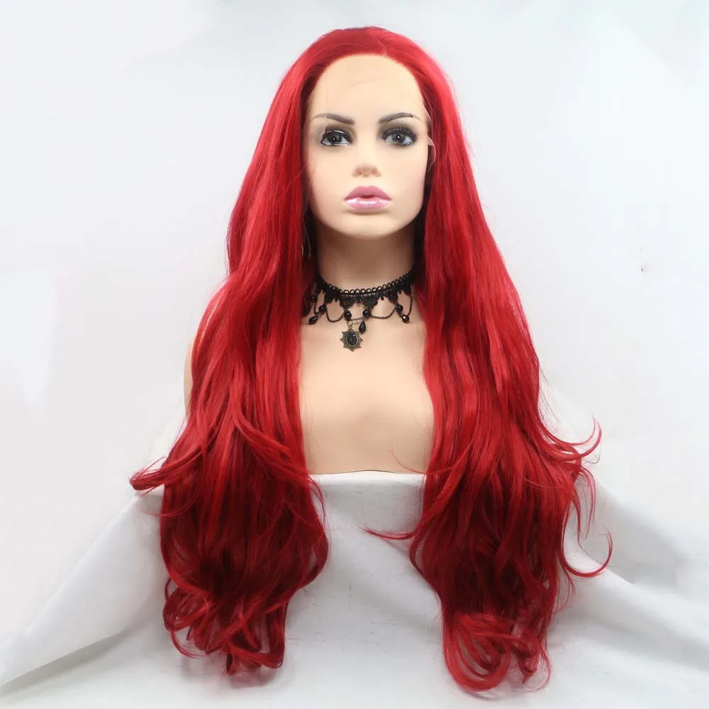 Sylvia Long Hair Red Color Wavy Synthetic Lace Front Wig For Women Side Part Heat Resistant Glueless Cosplay Wigs Makeup Wedding