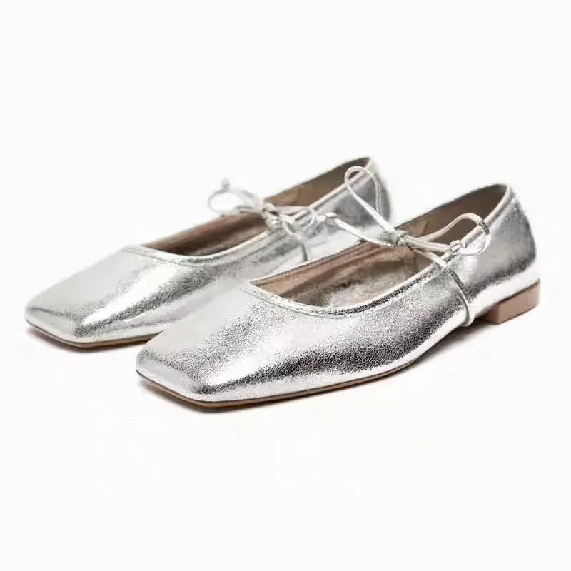 

2024 New Top Quality Women's Shoes Square Head Silver Bow Flat Bottom Ballet Shoes French Baotou Mary Jane Women's Sandals