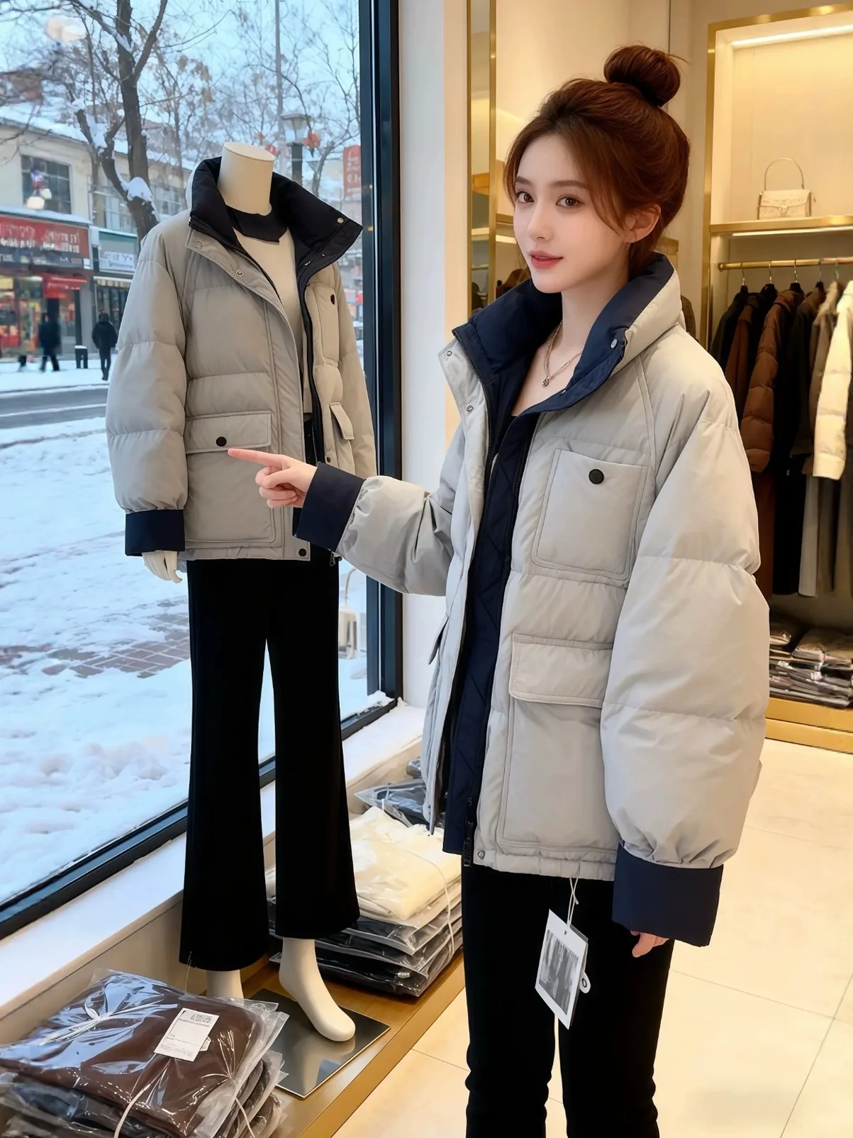 

Women's Loose Fit Stand Collar down Cotton Jaet Bread Sle Winter Coat plus Size Color Blo Retro Commute Faion