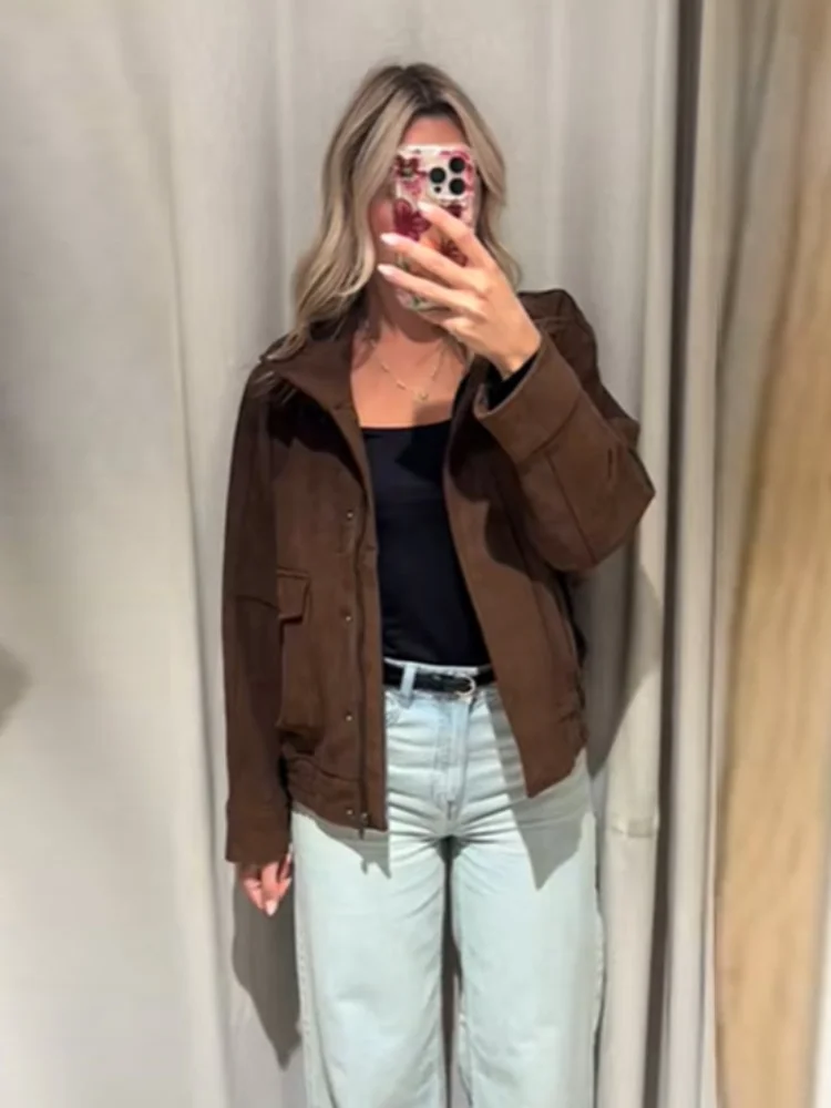 

Винтажная коричневая куртка женская с карманом на молнии ретро дизайнерские модные пальто осенняя короткая верхняя одежда новая модная осенняя повседневная одежда