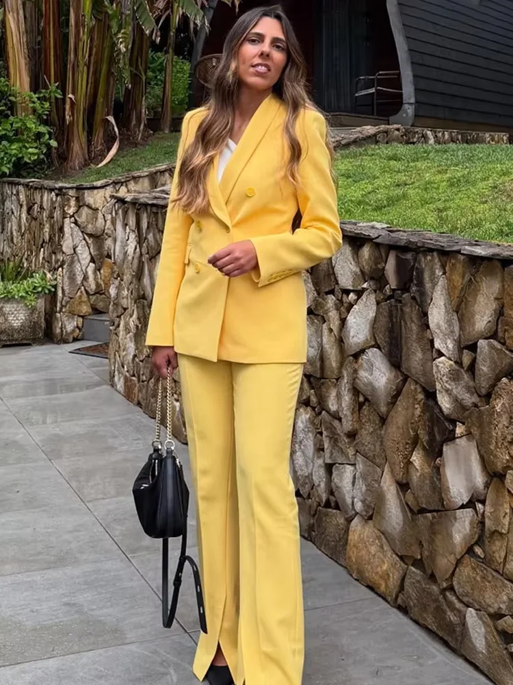 HH Women Spring Casual Suit Turn-Down Collar Long Sleeves Double-Breasted Blazers+Midi Waist Zipper Flared Pants Women Set