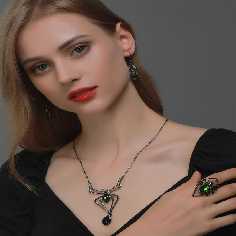 Fashion Halloween Jewelry Personalized Exaggerate Three Piece Spider Necklace Earring Ring Vintage Emerald Set Accessories