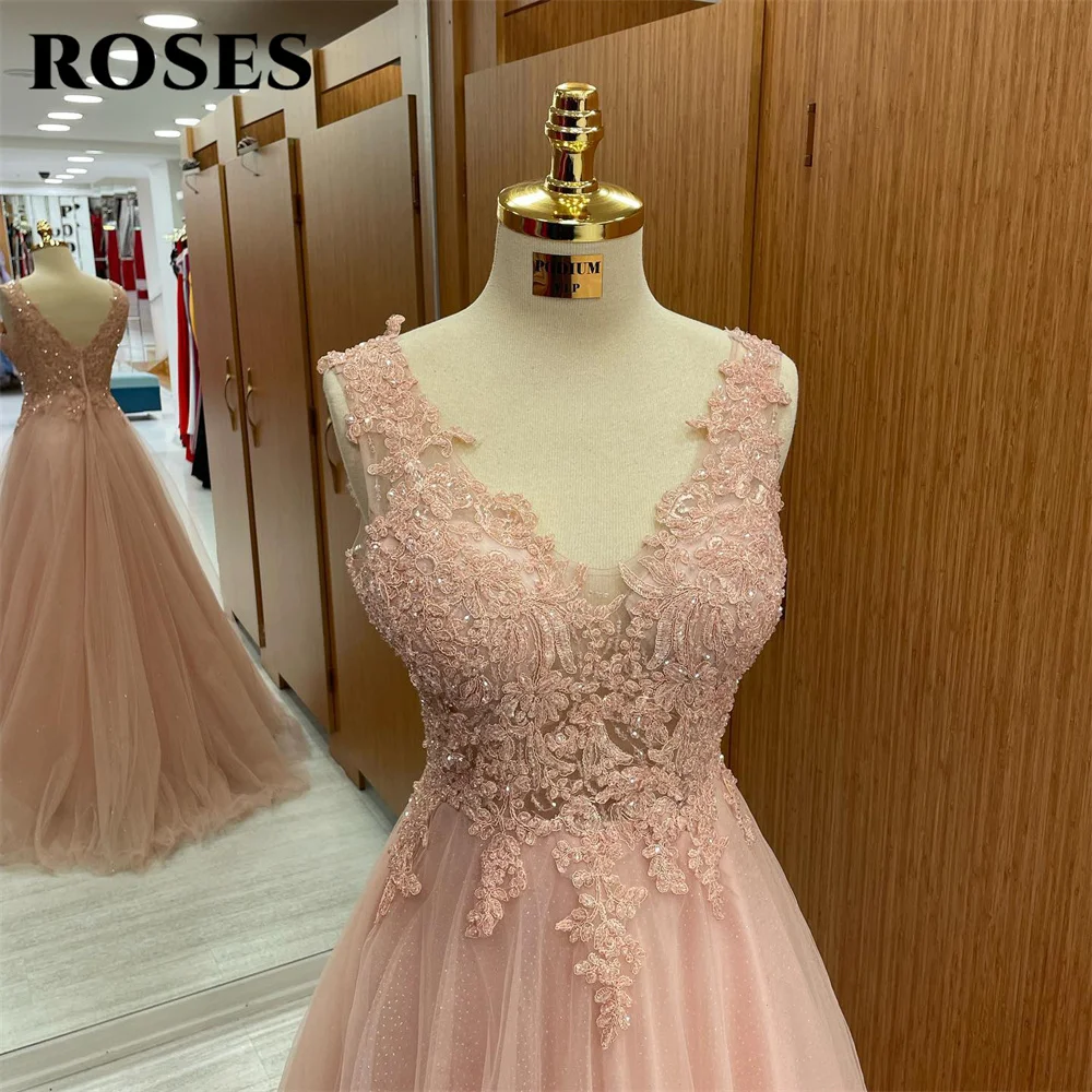 ROSES Tank V Neck Long Party Dresses Apliques Vintage Lace Prom Gown A Line Celebrity Dress com Beading robe de bal Personalizado