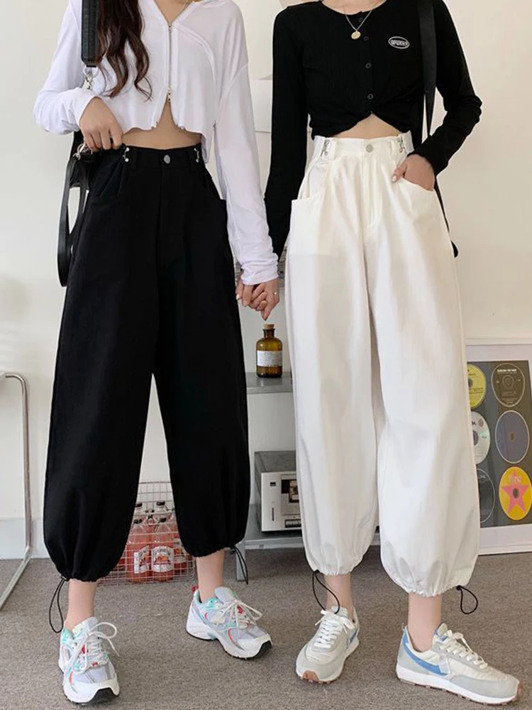 

Jmprs Streetwear Ankle Length Cargo Pants Women Vintage High Waist Loose Casual Bloomers Pants Harajuku Oversize Bf Trousers New