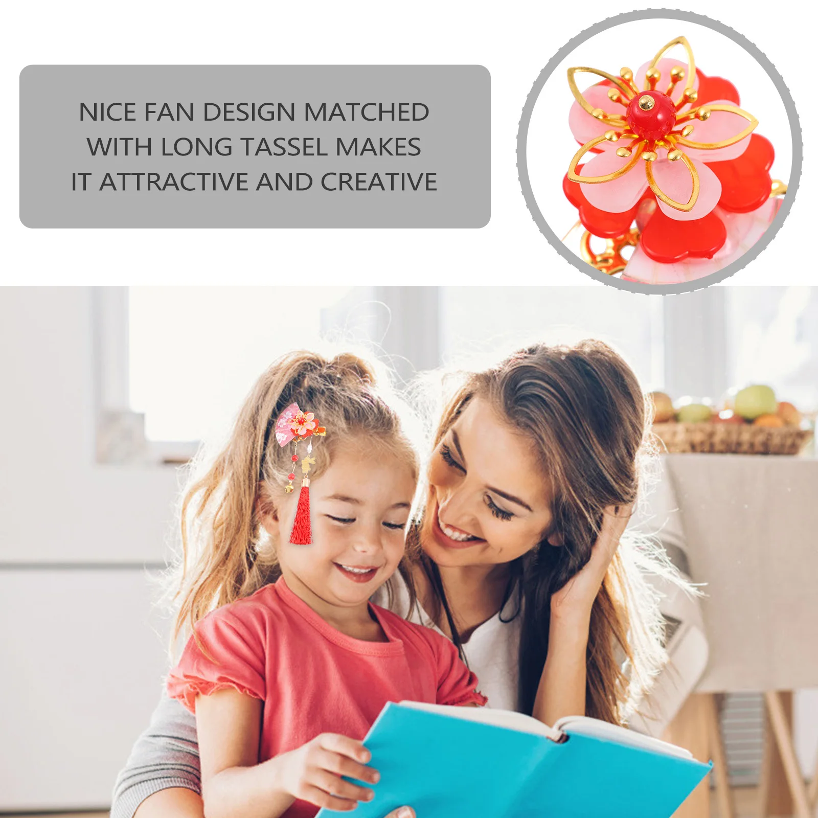 

2pcs Flower Hair Clips Fan Shape Japanese-Style Tassel Hairpin For Women Wooden Zinc Alloy Hair Decor Costume Accessory